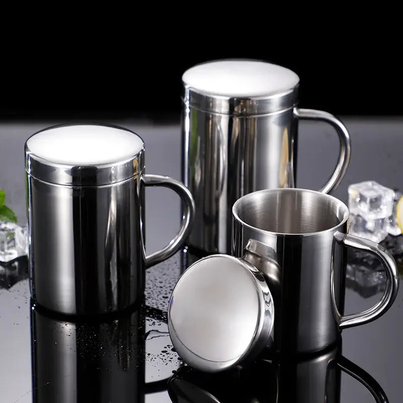 Shiny stainless steel double wall coffee mug kitchen travel cup