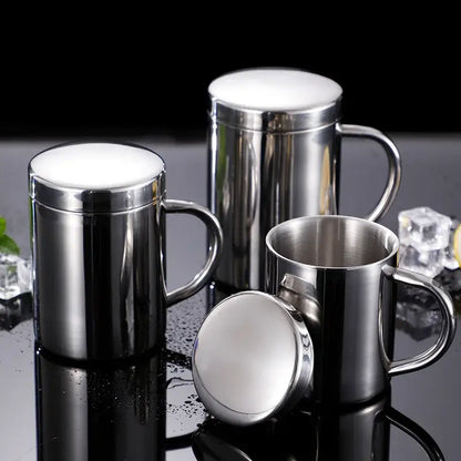 Shiny stainless steel double wall coffee mug kitchen travel cup