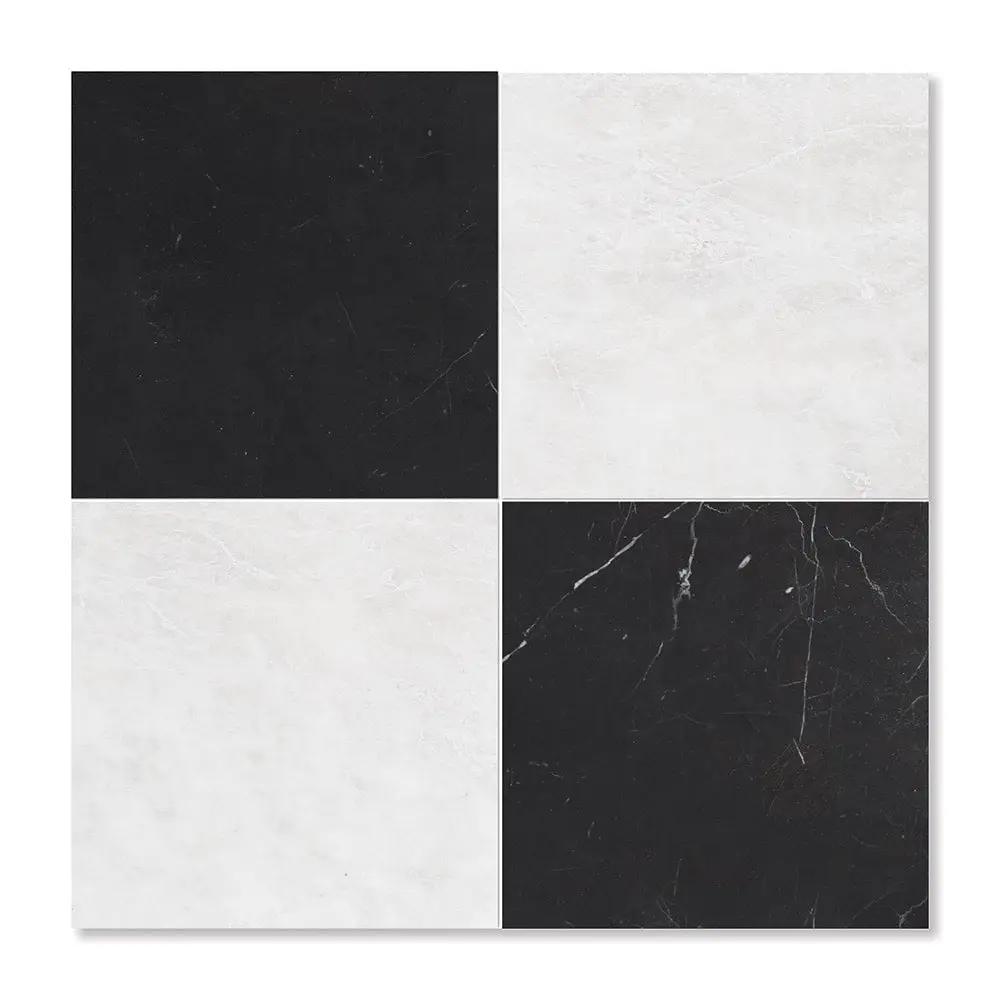 Black, Siberian White Honed Checkerboard Pattern Marble Tiles 12x12