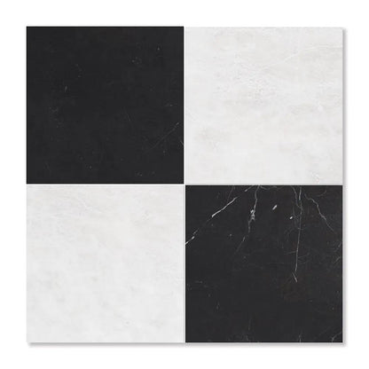 Black, Siberian White Honed Checkerboard Pattern Marble Tiles 12x12