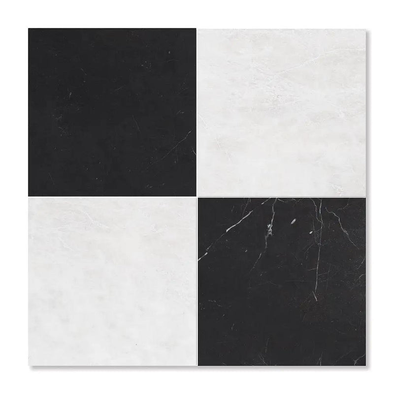Black, Siberian White Honed Checkerboard Pattern Marble Tiles 12x12