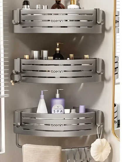 Silver aluminum two tier corner shelf with towel bar hook bathroom caddy