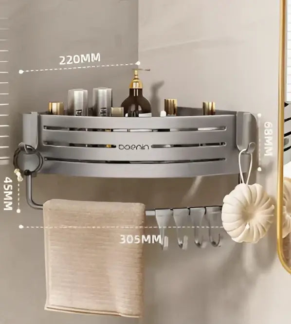 Silver aluminum two tier corner shelf with towel bar hook bathroom caddy