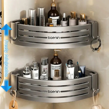 Silver aluminum two tier corner shelf with towel bar hook bathroom caddy