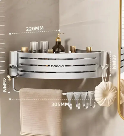 Silver aluminum two tier corner shelf with towel bar hook bathroom caddy