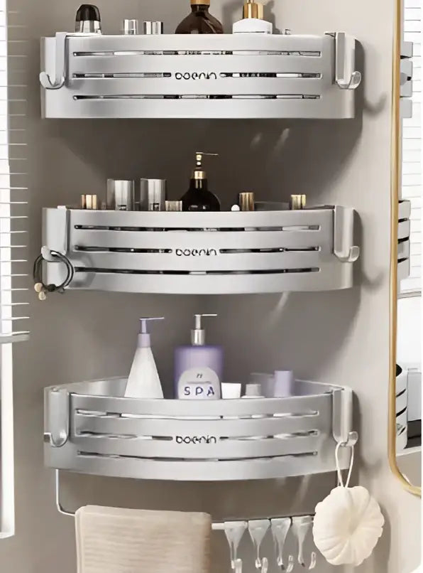 Silver aluminum two tier corner shelf with towel bar hook bathroom caddy