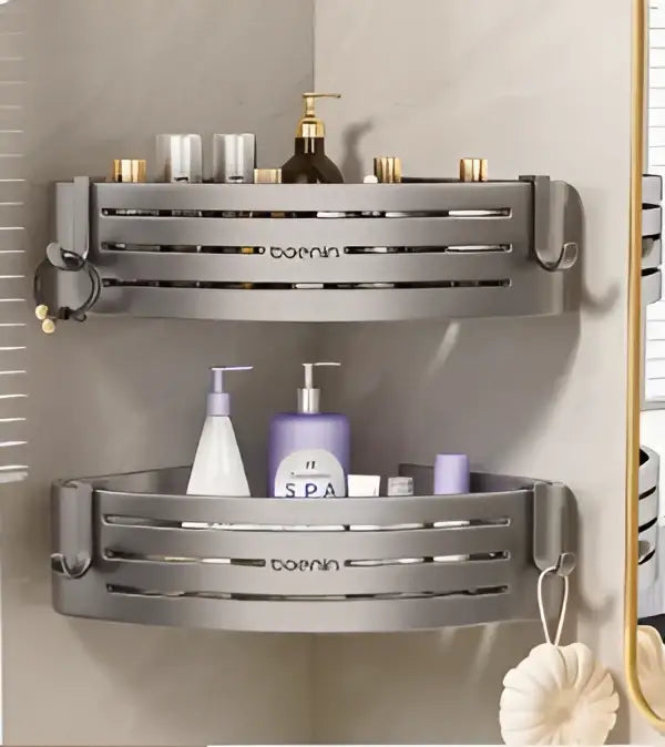 Silver aluminum two tier corner shelf with towel bar hook bathroom caddy