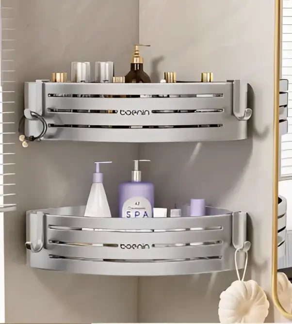 Silver aluminum two tier corner shelf with towel bar hook bathroom caddy