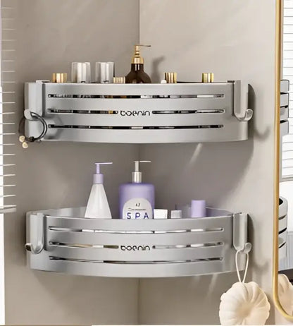 Silver aluminum two tier corner shelf with towel bar hook bathroom caddy