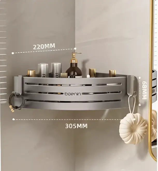 Silver aluminum two tier corner shelf with towel bar hook bathroom caddy