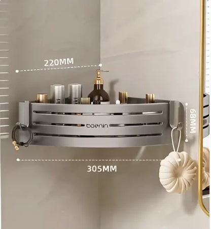 Silver aluminum two tier corner shelf with towel bar hook bathroom caddy