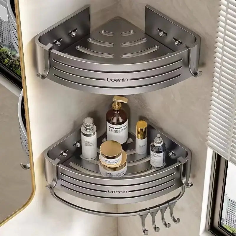 Silver aluminum two tier corner shelf with towel bar hook bathroom caddy