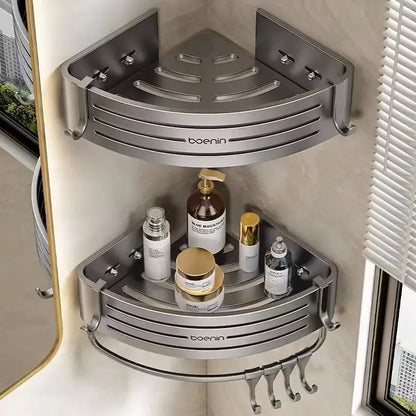 Silver aluminum two tier corner shelf with towel bar hook bathroom caddy