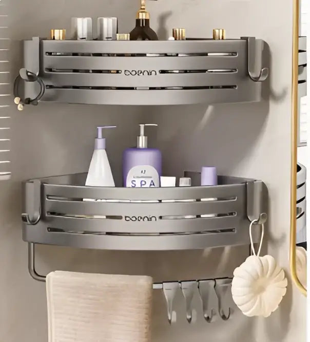 Silver aluminum two tier corner shelf with towel bar hook bathroom caddy