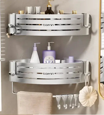 Silver aluminum two tier corner shelf with towel bar hook bathroom caddy