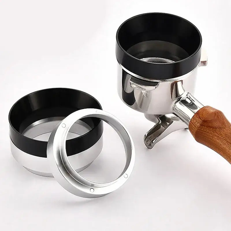 Silver and black espresso coffee filter adapter rings kitchen set