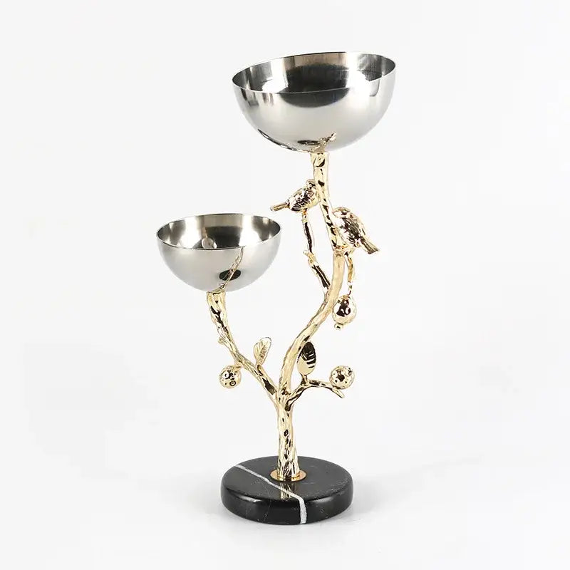 Silver and gold bird metal snack bowl dining room fruit stand