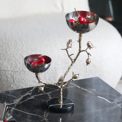 Silver and gold bird metal snack bowl dining room fruit stand