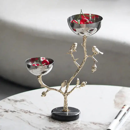Silver and gold bird metal snack bowl dining room fruit stand