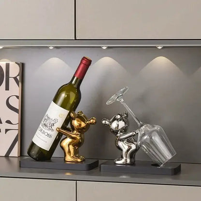 Silver & black bear wine rack kitchen decor storage