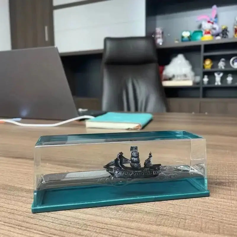 Silver black pearl pirate ship glass display case office decor