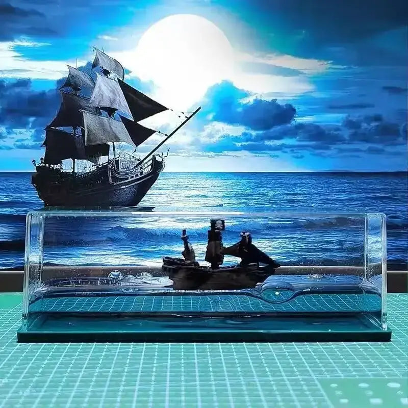Silver black pearl pirate ship glass display case office decor