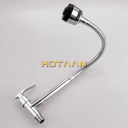 Silver brass cold kitchen faucet with flexible ribbed spout