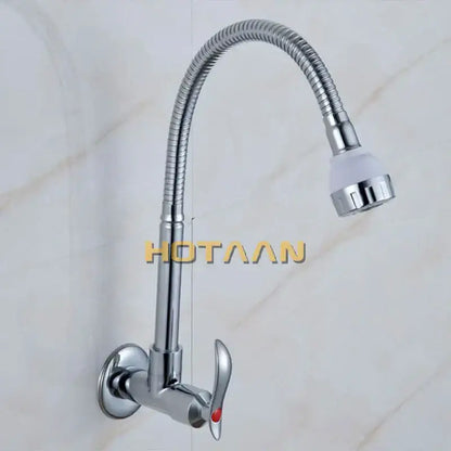 Silver brass cold kitchen faucet with flexible ribbed spout