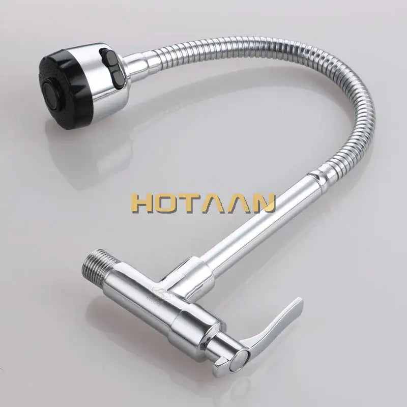 Silver brass cold kitchen faucet with flexible ribbed spout