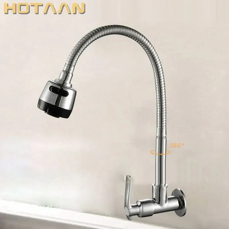 Silver brass cold kitchen faucet with flexible ribbed spout