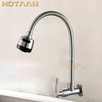 Silver brass cold kitchen faucet with flexible ribbed spout