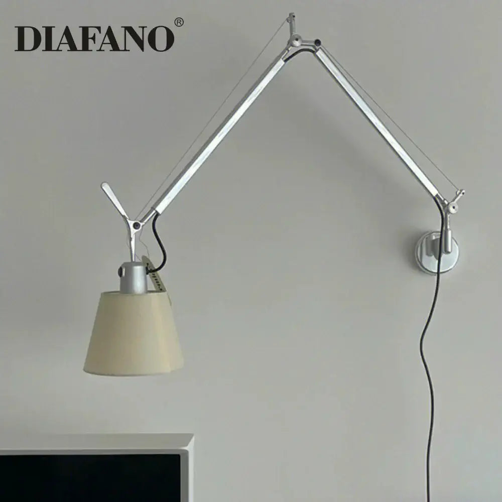 Silver & cream long swing arm wall lamp bedroom reading light