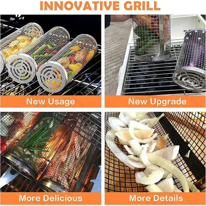 Silver cylindrical mesh grilling basket kitchen bbq tool