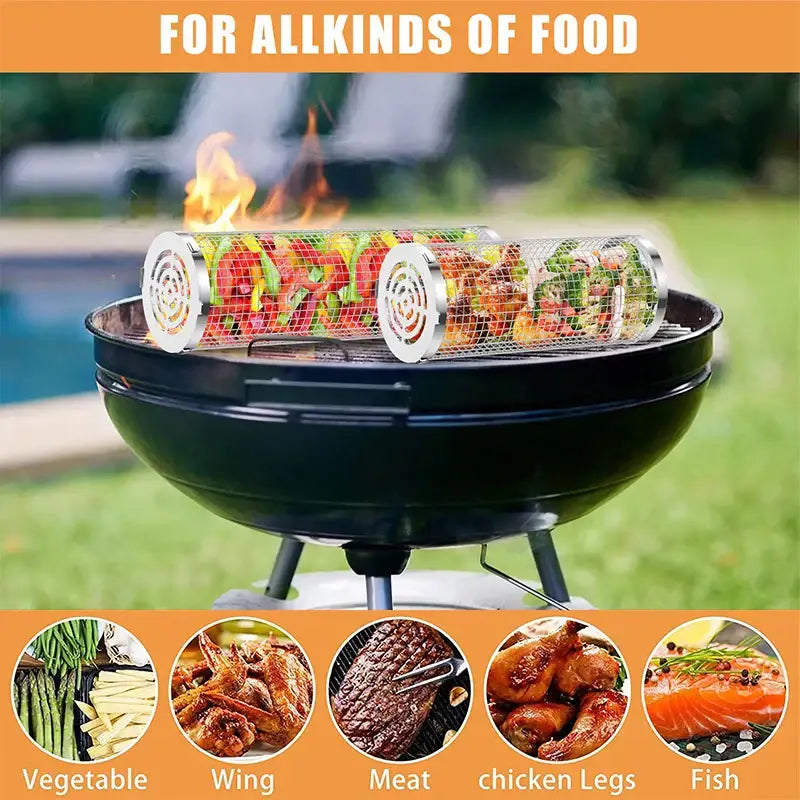 Silver cylindrical mesh grilling basket kitchen bbq tool