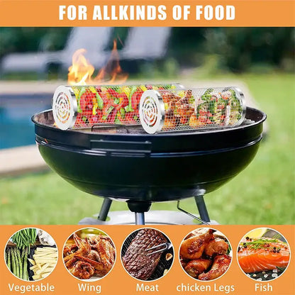 Silver cylindrical mesh grilling basket kitchen bbq tool