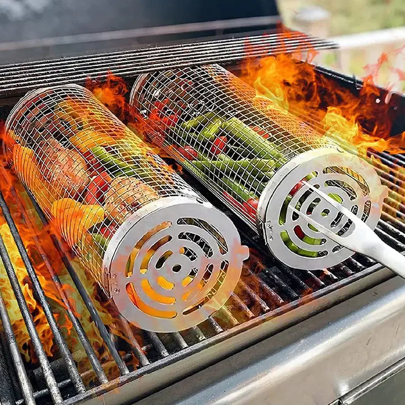 Silver cylindrical mesh grilling basket kitchen bbq tool