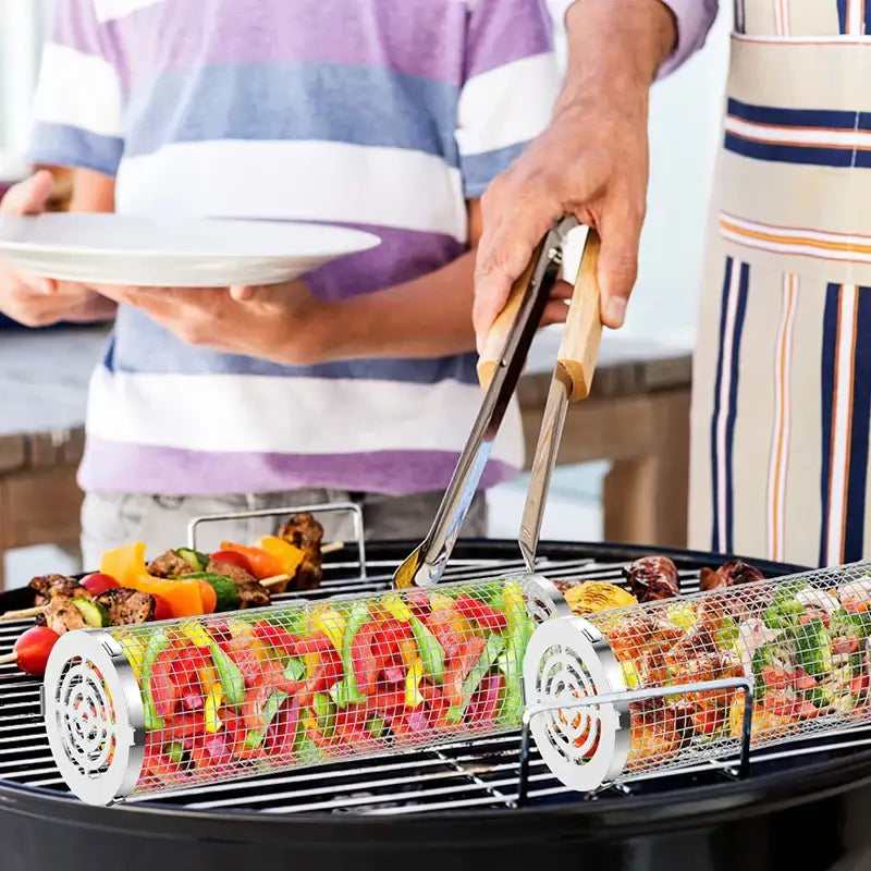 Silver cylindrical mesh grilling basket kitchen bbq tool