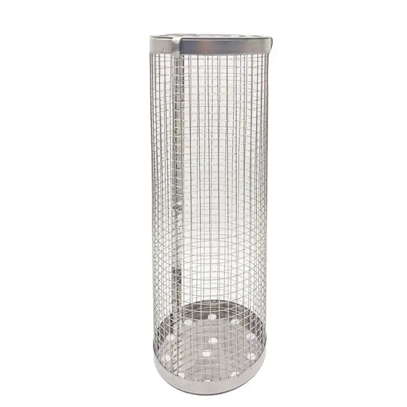 Silver cylindrical mesh grilling basket kitchen bbq tool