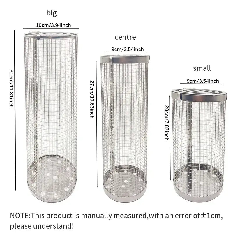 Silver cylindrical mesh grilling basket kitchen bbq tool