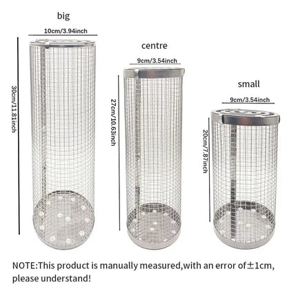 Silver cylindrical mesh grilling basket kitchen bbq tool