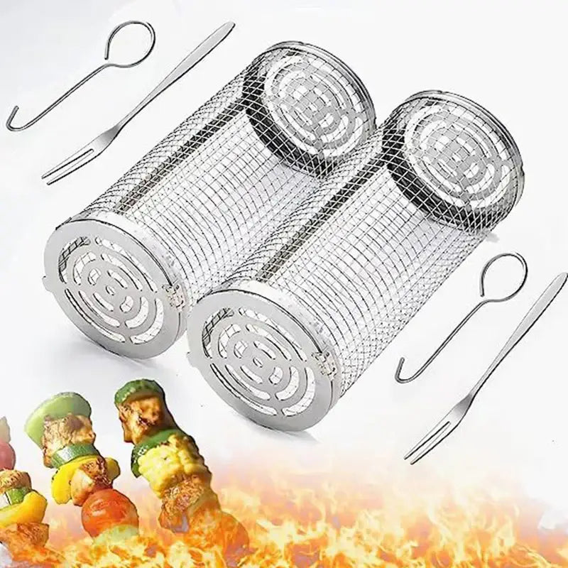 Silver cylindrical mesh grilling basket kitchen bbq tool