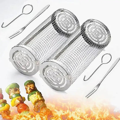 Silver cylindrical mesh grilling basket kitchen bbq tool