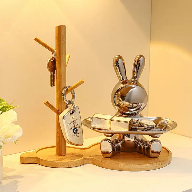 Silver astronaut rabbit resin tray office storage decor