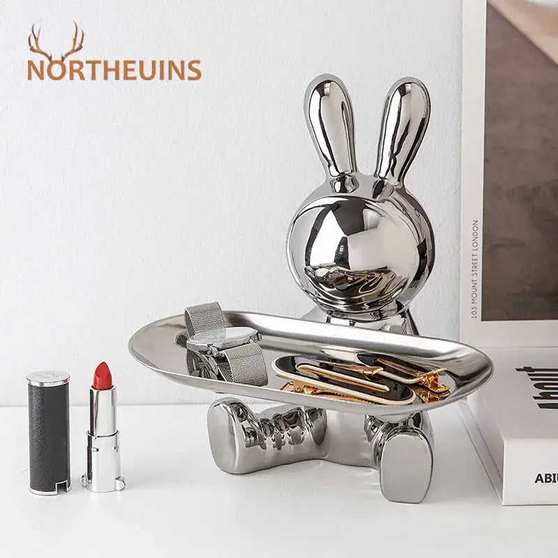 Silver astronaut rabbit resin tray office storage decor