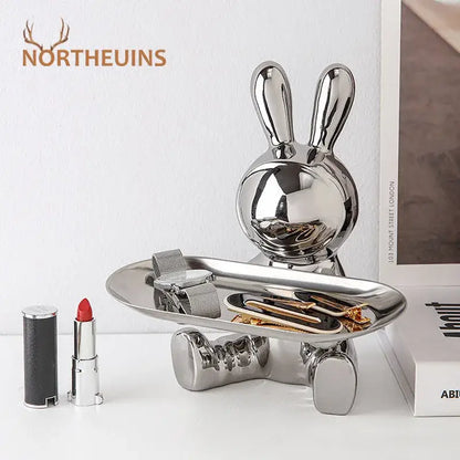 Silver astronaut rabbit resin tray office storage decor