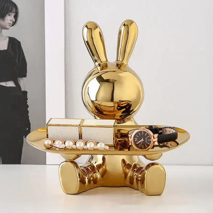 Silver astronaut rabbit resin tray office storage decor