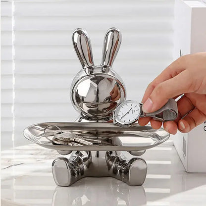 Silver astronaut rabbit resin tray office storage decor