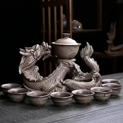 Silver dragon ceramic tea set dining room magnetic rotating teapot