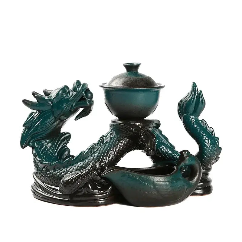 Silver dragon ceramic tea set dining room magnetic rotating teapot