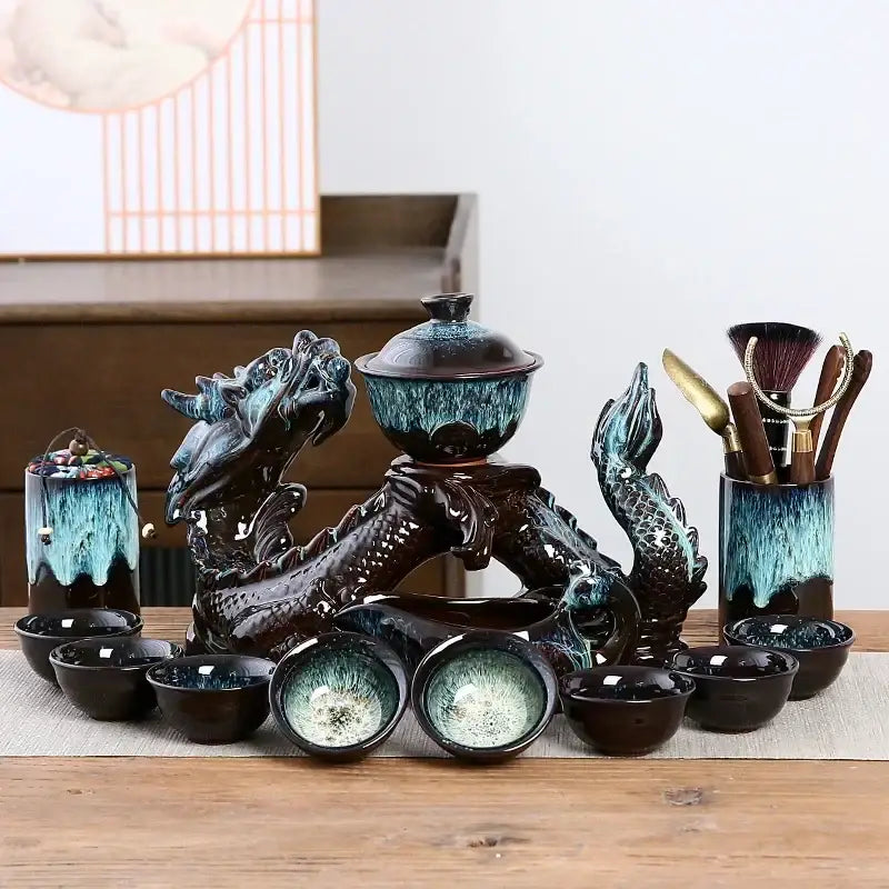Silver dragon ceramic tea set dining room magnetic rotating teapot